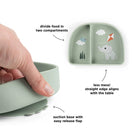 Done by Deer stay stick compartment bowl with annotations of features on a white background.