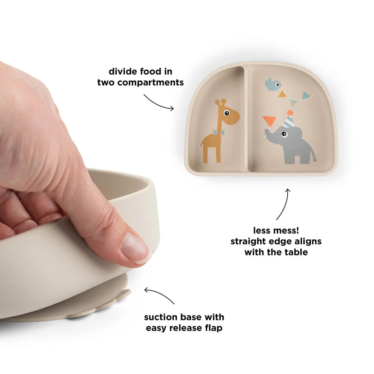 Done by Deer stay stick compartment bowl with annotations of features on a white background.