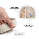 Done by Deer stay stick compartment bowl with annotations of features on a white background.