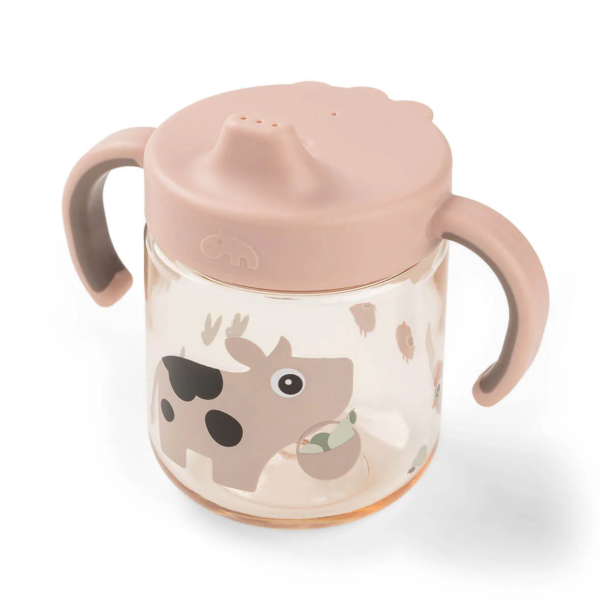 Done by Deer powder pink grippy spout cup on white background.