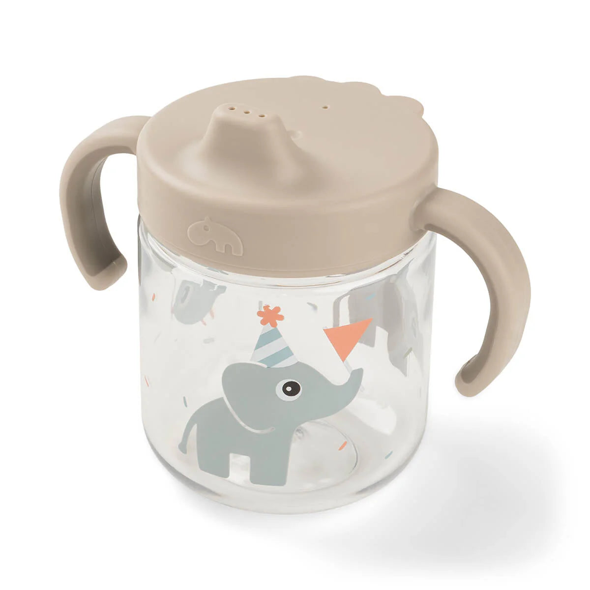 Done by Deer sand coloured grippy spout cup on white background.