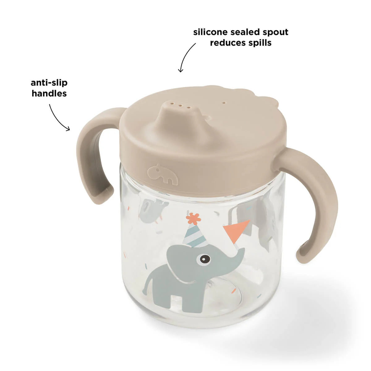 Done by Deer in colour 'sand' grippy spout cup with annotated features on a white background.