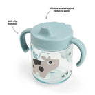Done by Deer blue grippy spout cup with annotated features on a white background.