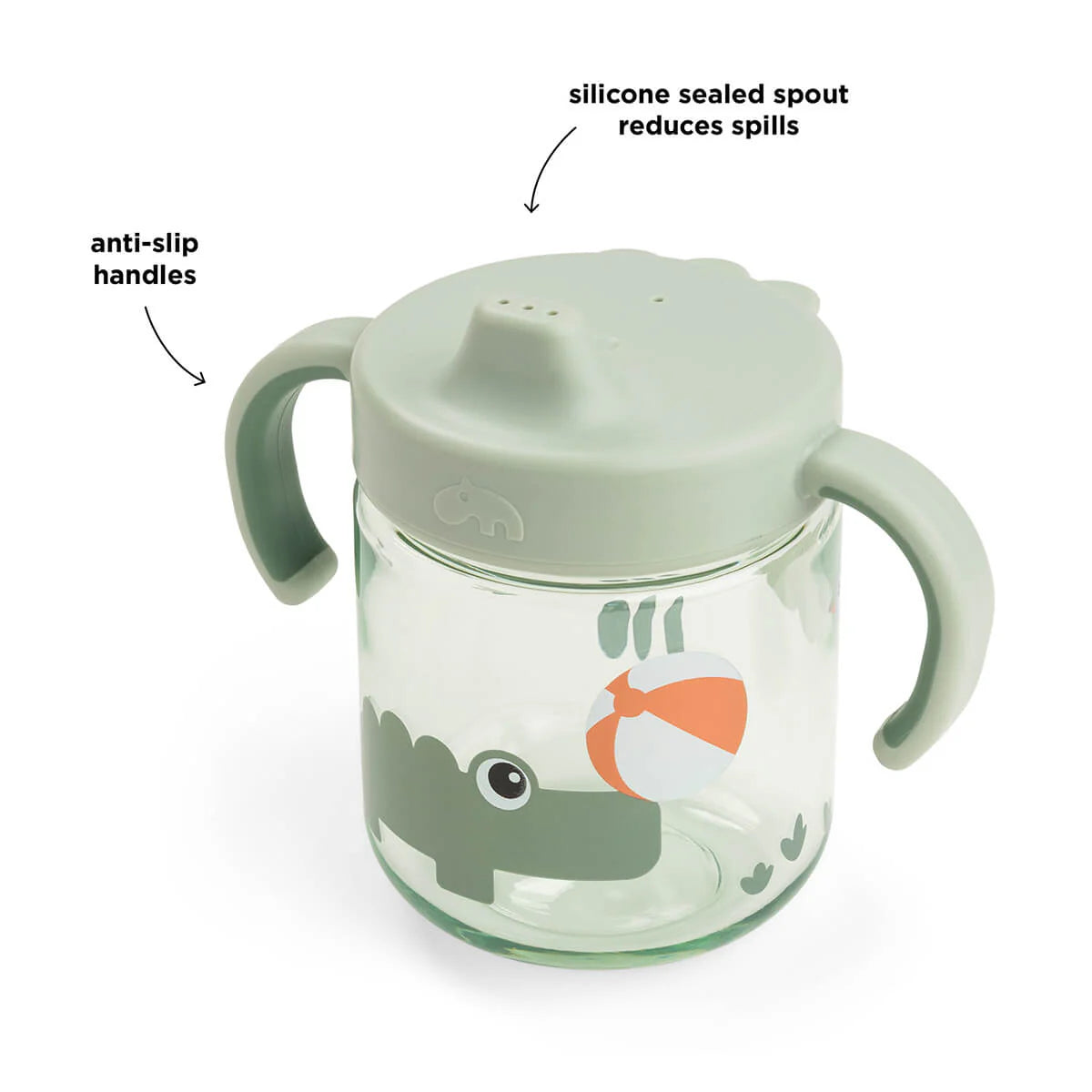 Done by Deer sage green grippy spout cup with annotated features on a white background.