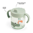 Done by Deer sage green grippy spout cup with annotated features on a white background.