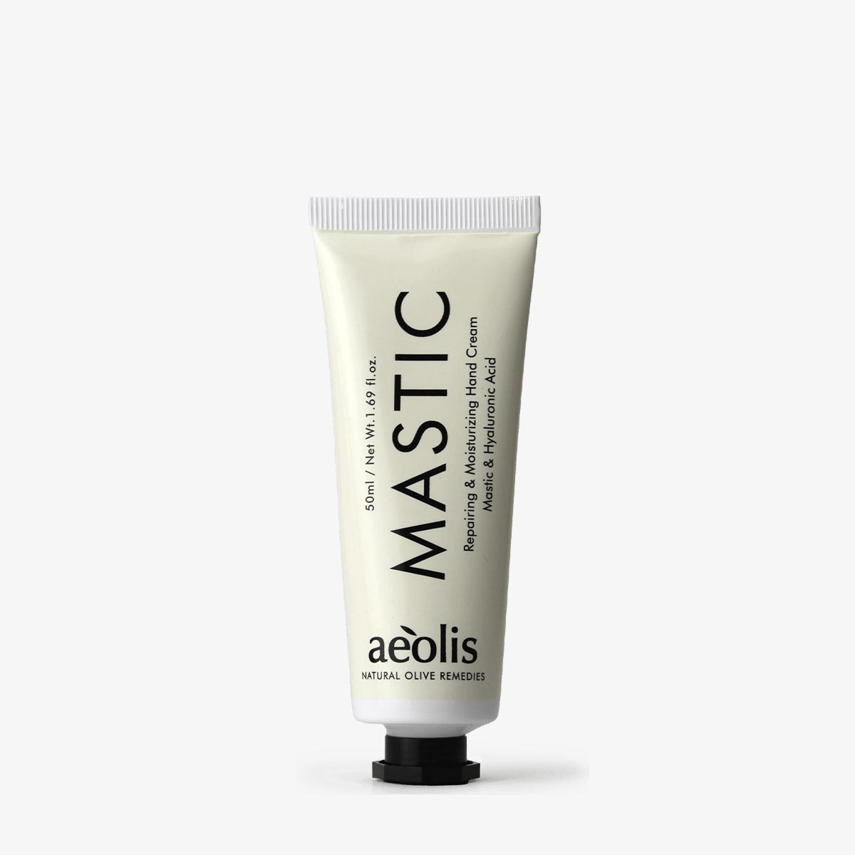 Hand cream tube labeled 'Mastic' by 'aeolis' on a white background