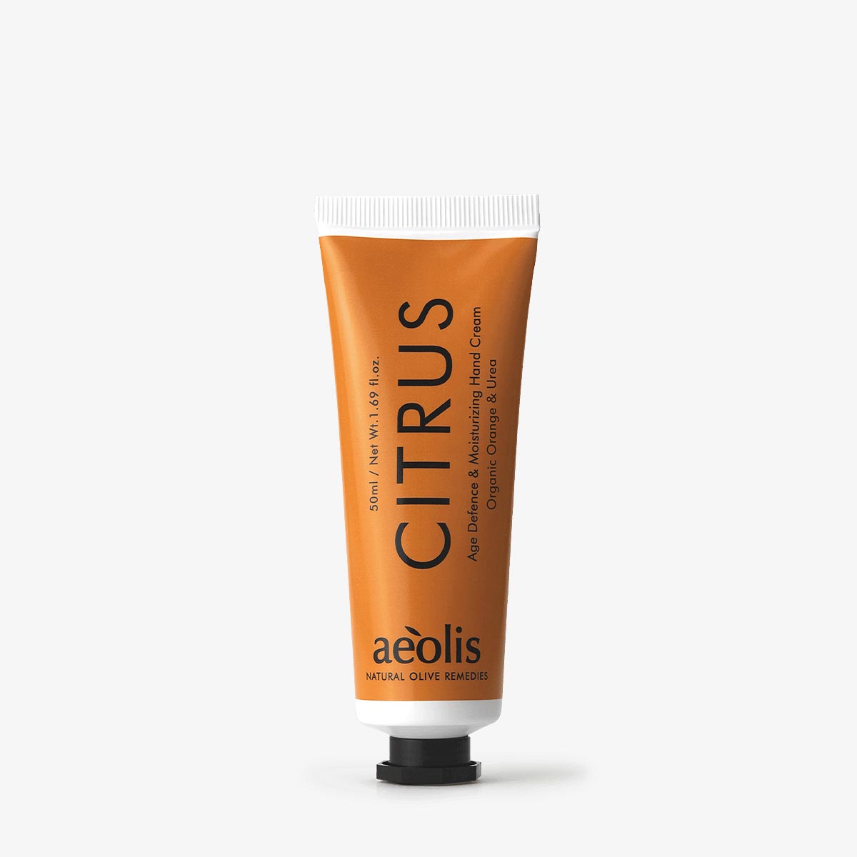 Orange tube of aeolis Citrus hand cream on a white background