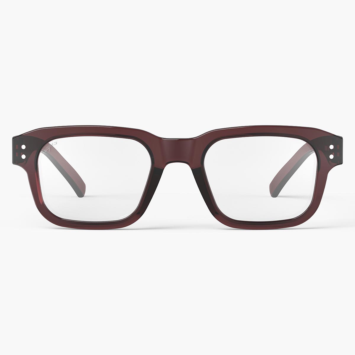 Maroon eyeglasses on a white background