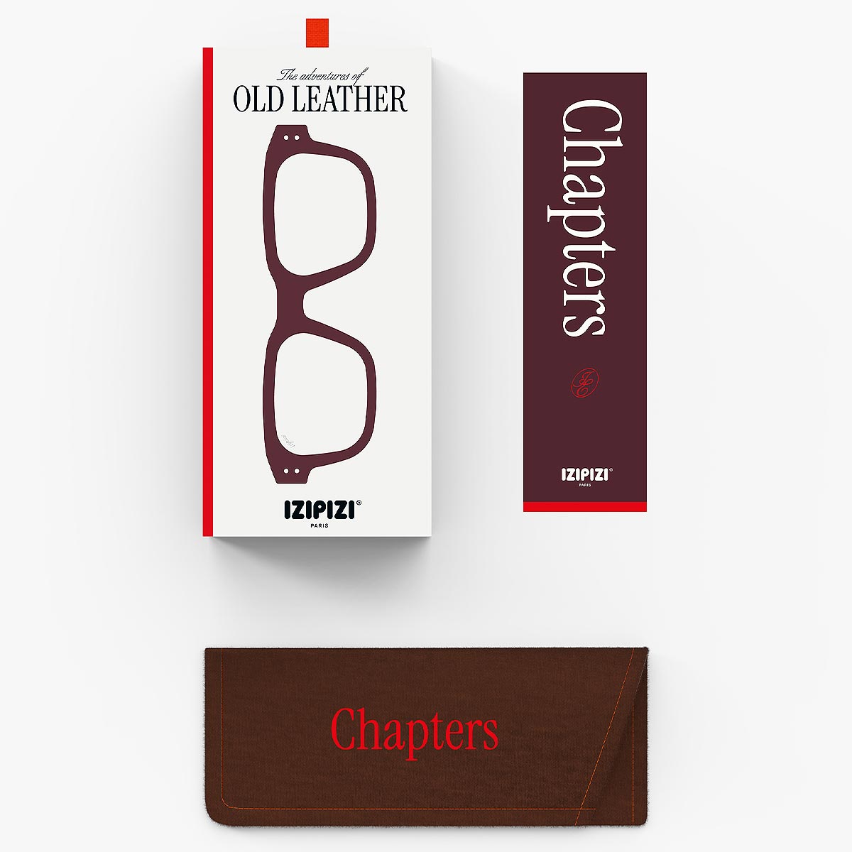 IZIPIZI product packaging with 'Old Leather' and 'Chapters' text on a white background. A box and felt case.
