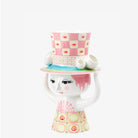 Bjorn Wiinblad Lady with hat vase in pink and yellow on a white background