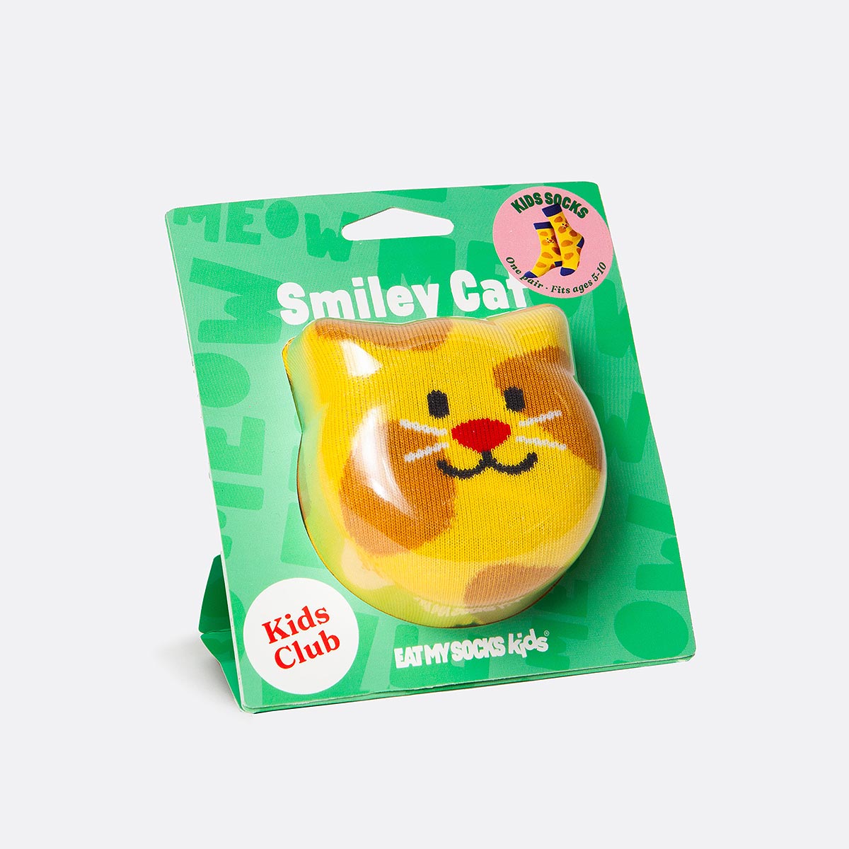Eat My Socks cat-shaped socks with green background